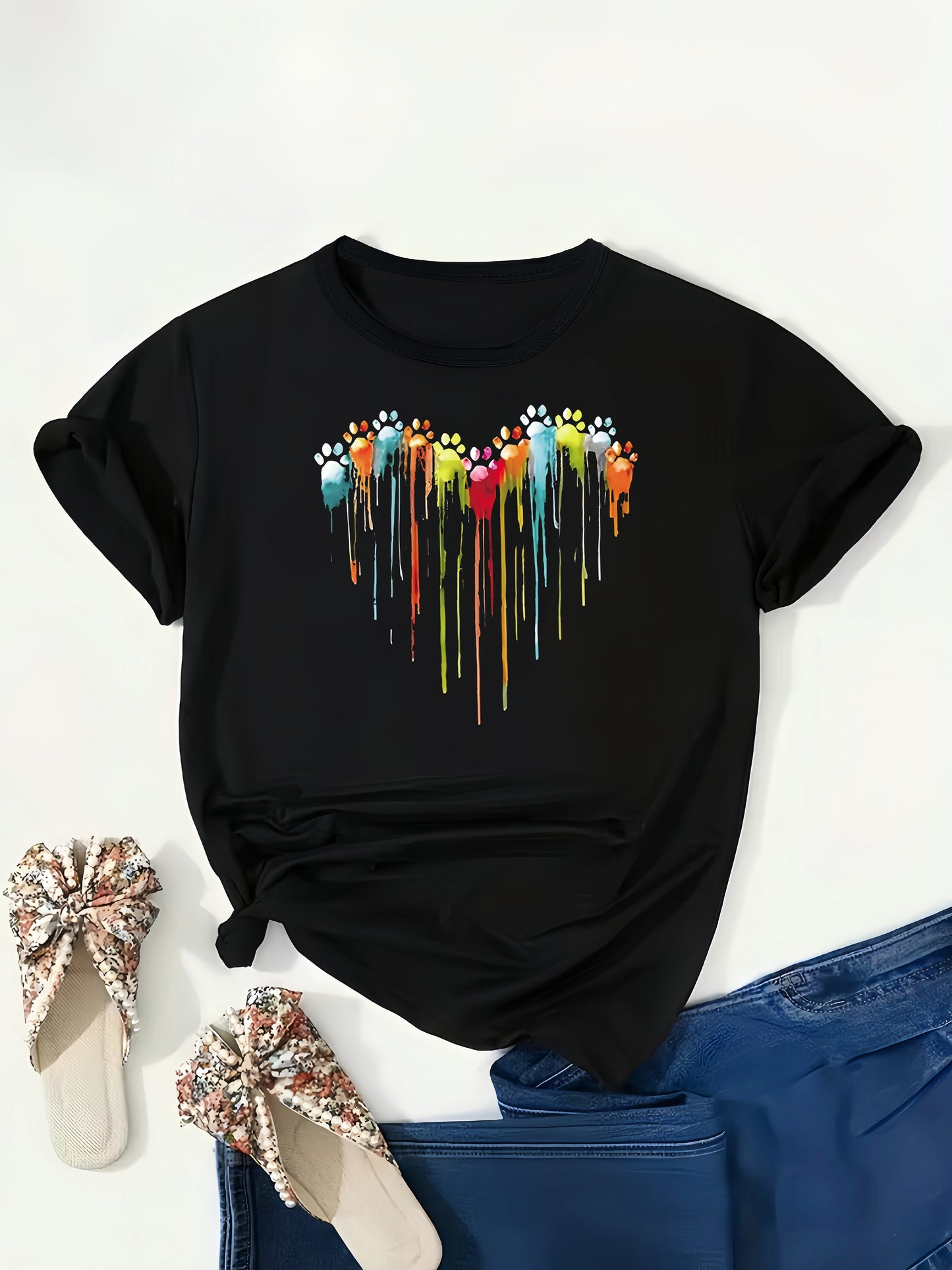 Plus Size Heart Print T-Shirt for Women, Casual Crew Neck with Short Sleeves