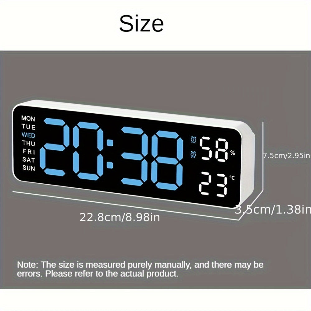 Digital wall clock with temperature and humidity display, week display, adjustable brightness, table alarm clock, and 12/24 hour format.