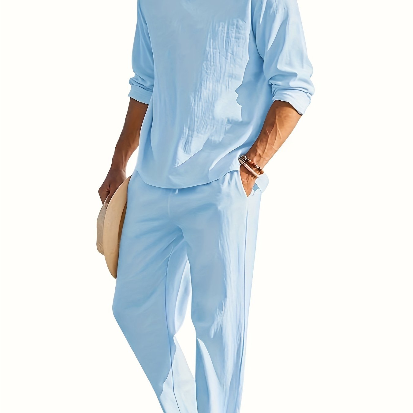 2024 European and American Men's Two-Piece Leisure Set with V-neck Commuting Suit and Solid Color Long Sleeve Trousers.