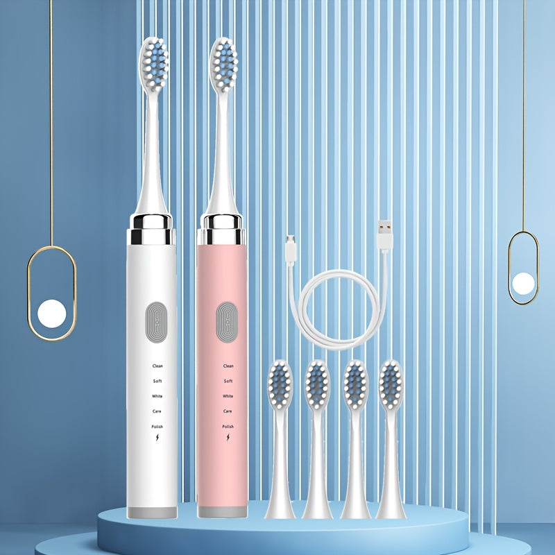 Electric Toothbrush F1-QL-6-C, 2pcs with 5-speed settings, USB interface, and replaceable ultra-soft brush head for whitening and gentle care.