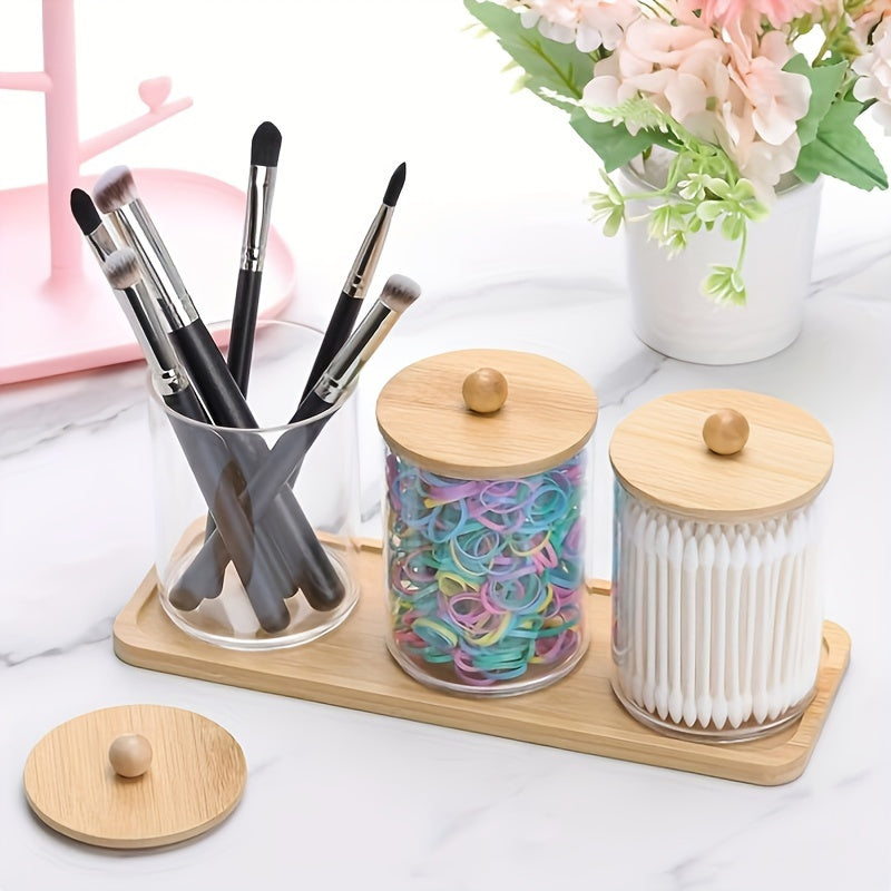 3-piece cotton swab holder and tray set for bathroom, with plastic containers and lids for cotton swabs, balls, and pads. Ideal for storing bathroom accessories and organizing vanity makeup.