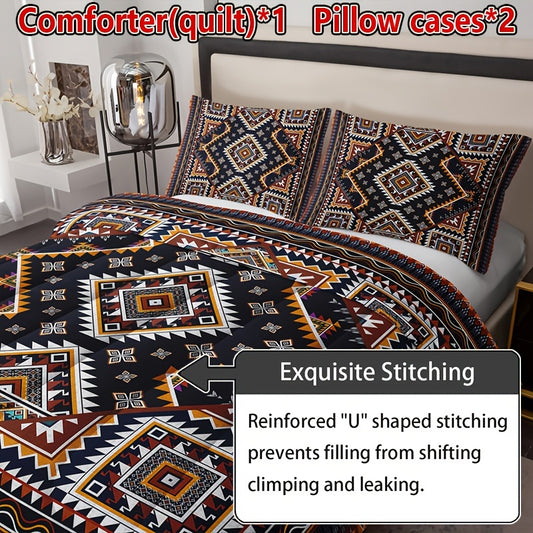 3-piece Bohemian Plaid Quilt Set includes 1 quilt and 2 pillowcases (pillow inserts not included). Soft, comfortable, breathable, and printed quilt suitable for all seasons in home or dorm.