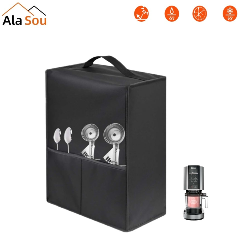 Protect your ice cream maker with the AlaSou Heavy-Duty Dust Cover. The black cover features a clear window, is waterproof and easy to clean. Compatible with various types of ice cream, it includes a handle and storage pocket for convenient kitchen and