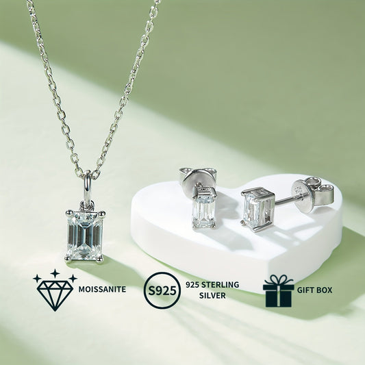 Add a touch of elegance with the PROLIANCE Elegant Moissanite Jewelry Set. This classic set includes a rectangular pendant necklace and stud earrings, both made with 925 sterling silver plating. Choose from 1.0-2.0CT for the pendant and 0.5-1.0CT for the