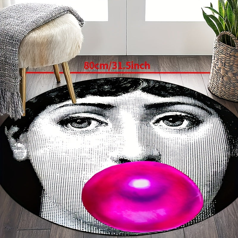 Round non-slip rug featuring a woman blowing bubbles with powder, perfect for entryways, living rooms, bedrooms, outdoor patios, gardens, and yards. Machine washable and suitable for use as a decorative accent in your home or outdoor space. Also can be