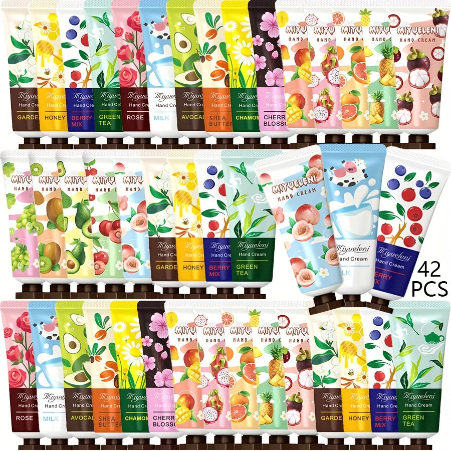 42-Piece Hand Cream Gift Set with plant & fruit extracts, flower scented. Alcohol-free, glycerin-based and vitamin C enhanced for all skin types. Moisturizing & nourishing for dry skin.