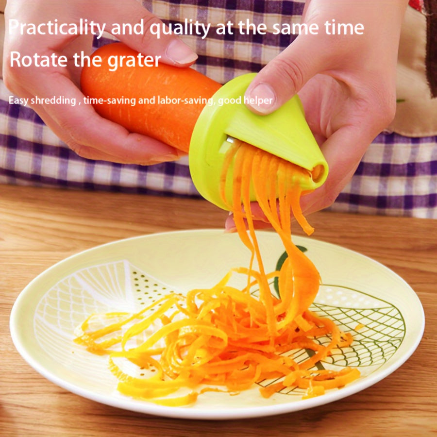 Multifunctional kitchen spiralizer for making zucchini noodles and grating vegetables easily. Durable plastic in green color.