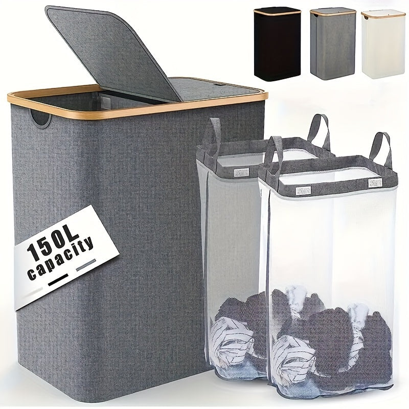 Large laundry hamper with lid and two detachable bags, perfect for organizing dirty clothes in laundry rooms, bathrooms, and dormitories. This foldable laundry basket is ideal for home organization and back to school supplies.