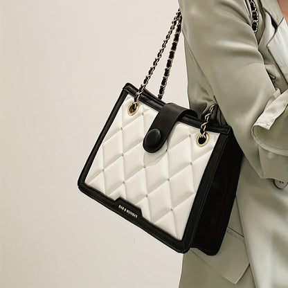 Fashionable Colorblock Square Shoulder Bag with Textured Chain and PU Leather Argyle Pattern for Women.