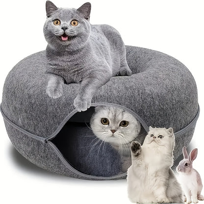 Donut-shaped cat bed with interactive felt tunnel, also serves as a canvas cat house for small to medium cats, ferrets, and rabbits, can be used as a play and training toy.