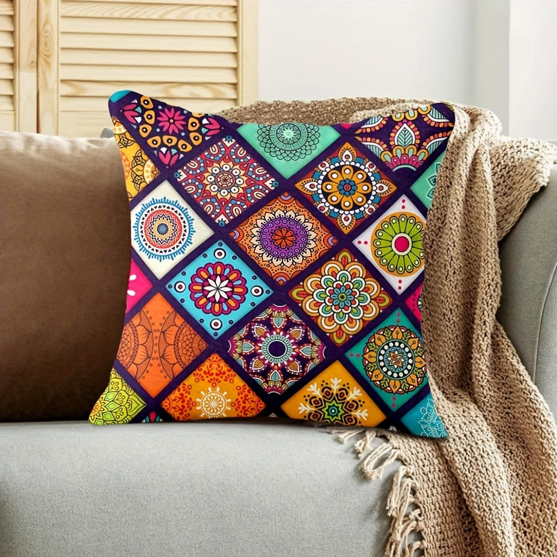 Mandala Pillow Cover in Bohemian Style, Size 44.96x44.96cm - Features Vibrant and Stylish Double-Sided Design for Sofa & Bed Decoration | Made of Machine Washable Polyester Material | Ideal for Weddings, Birthdays, and Holidays