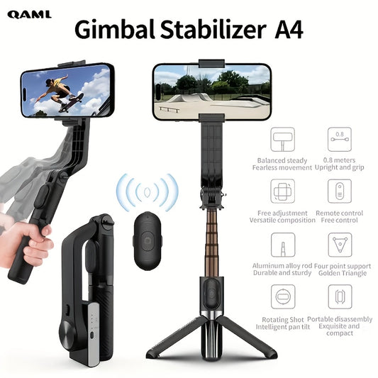 QAML Head Stabilizer Tripod with USB charging, ABS material, and 270° swivel desktop stand. Adjustable smartphone holder for live streaming, photography, and travel. Compatible with iPhone