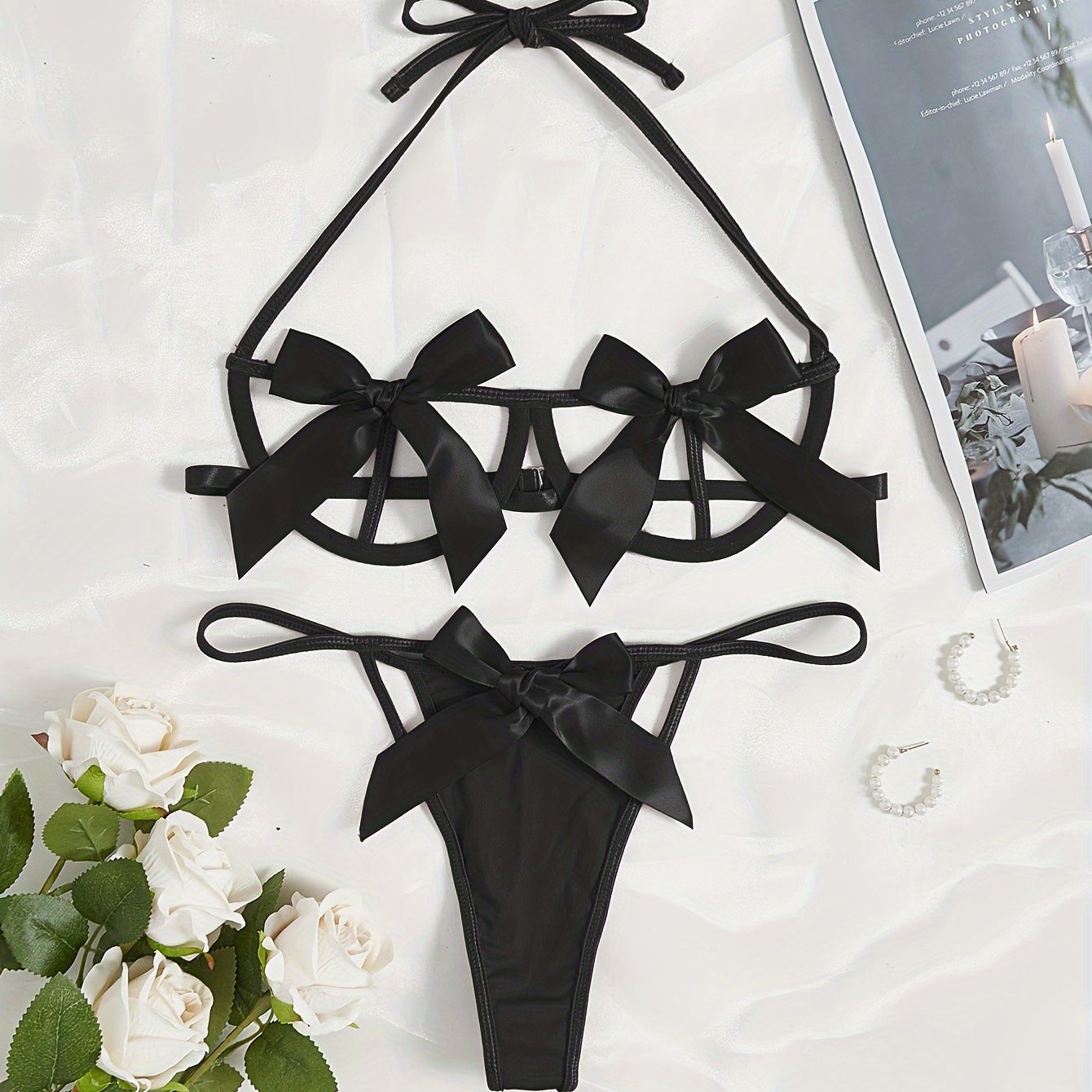 Seductive Bow Lingerie Set: Halter Bra, Cut Out Thong