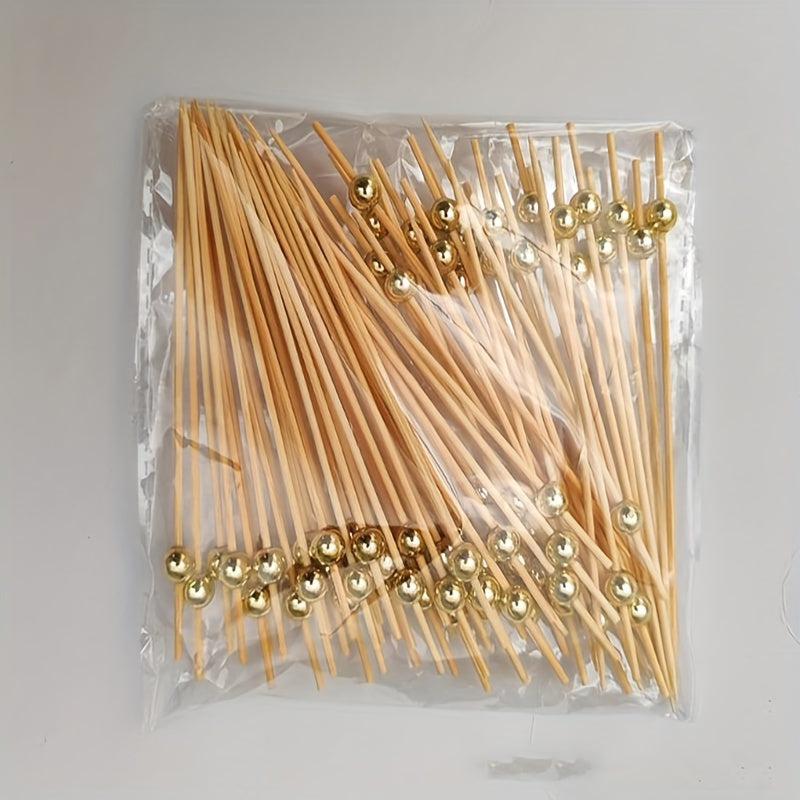 100 fancy handmade bamboo cocktail picks for appetizers, fruit, and BBQ parties, measuring 4.7in.