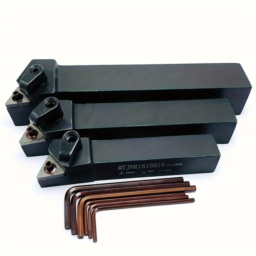 CHENGLU Carbide Inserts Set for Steel & Stainless Steel, Black Oxidized, 3 Sizes (5/8", 3/4", 1"), with Right-Hand Holders for Turning Tools in Industrial Applications.