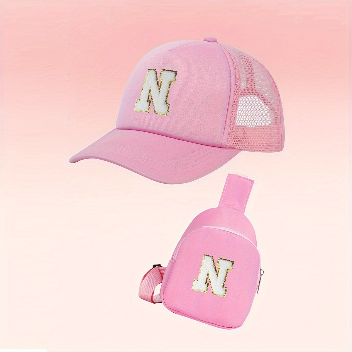 Alphabet-themed 2-piece set for girls includes a polyester baseball cap and bag, suitable for ages 3-14. Features a fitted, breathable design ideal for daily wear and special occasions