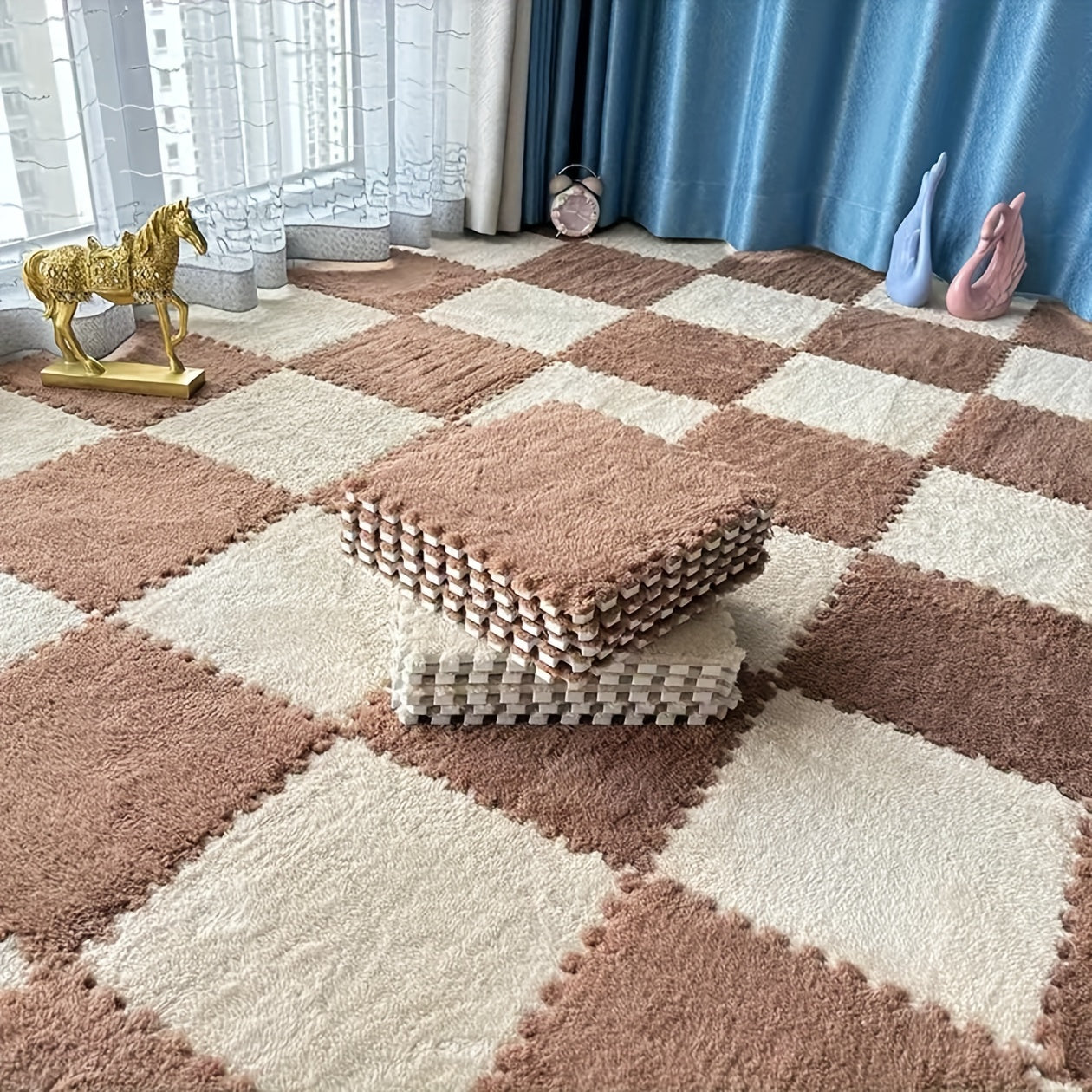 Modern plush patchwork carpet suitable for all seasons, ideal for bedroom, living room, coat room, rental house renovation - 40 pieces.