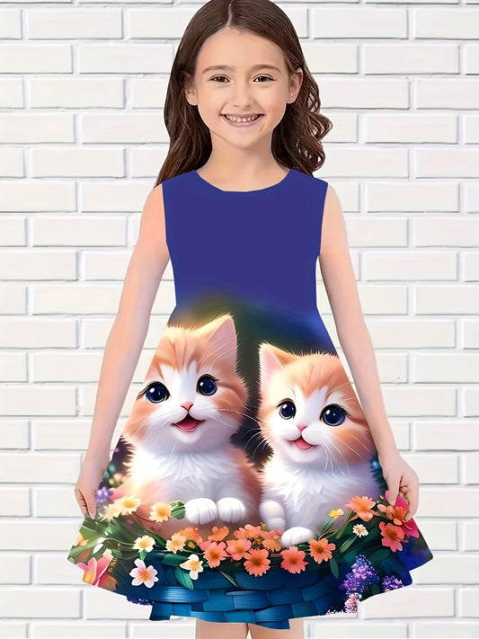 Sleeveless Cat Series Dress for charming girls - Vibrant digital print, 100% polyester, round neck. Ideal for spring/summer casual wear, playful youngsters' clothing. whimsical fashion