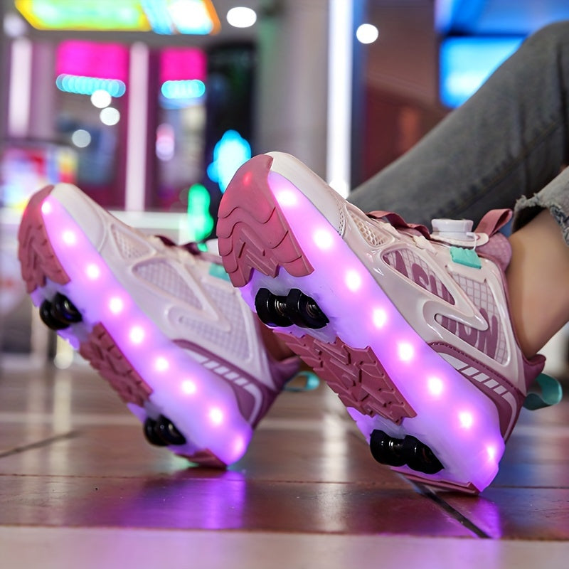 LED Roller Skates for Kids, 16 Modes, Rechargeable, Removable PU Wheels, Low Top, Striped Plaid Pattern, Rotary Buckle Closure, Boys & Girls Ages 14 and Under, Sizes 28-40.