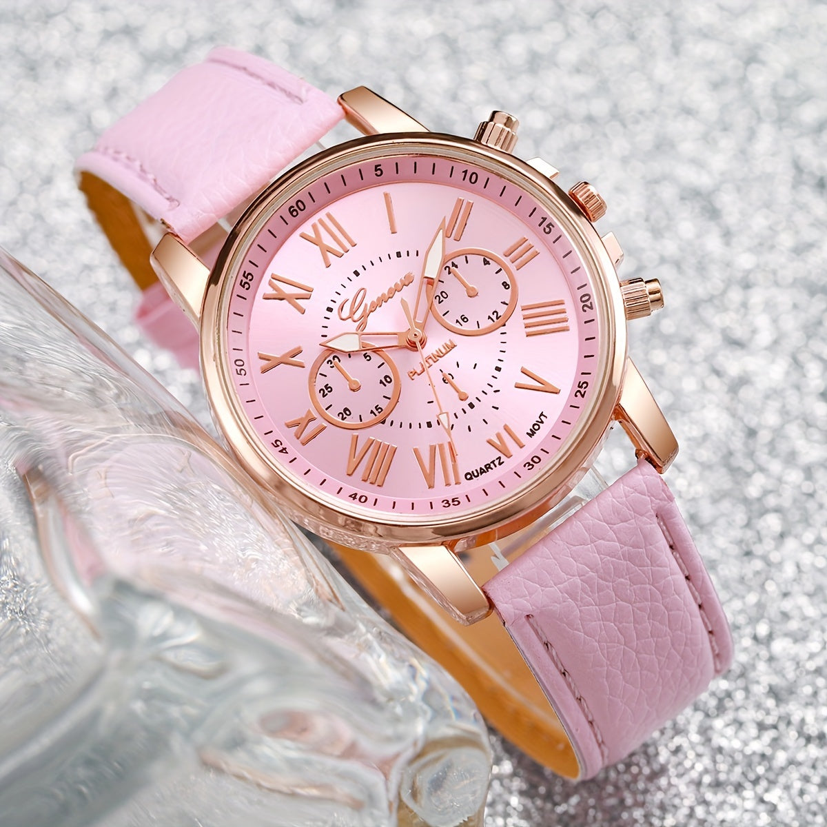 4pcs/set Black, white, pink fashion quartz watch with Roman scale dial for women does not include watch box.