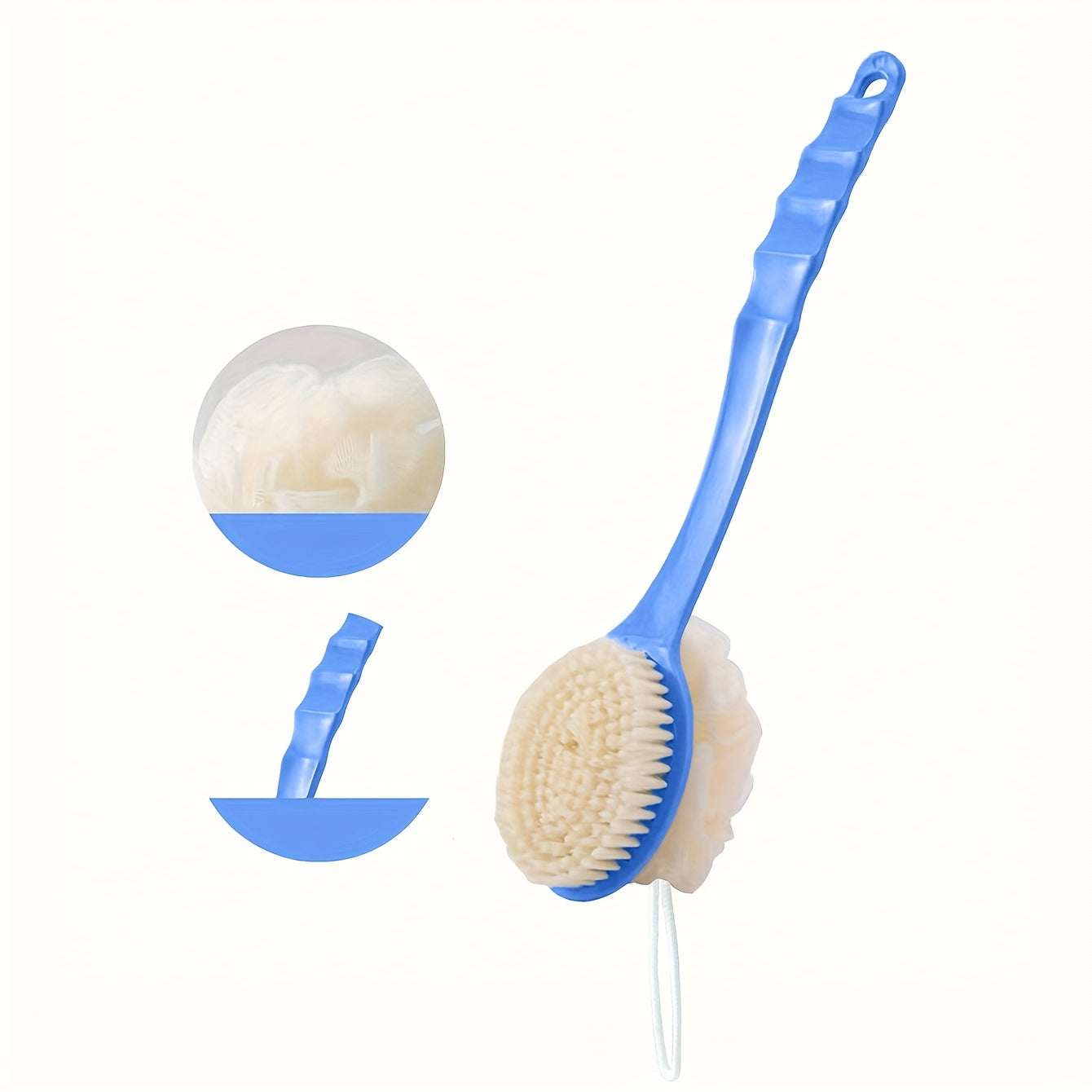 Gentle loofah and bristle brush for men and women - long curved handle for body, face, and spa washing - bathroom accessory