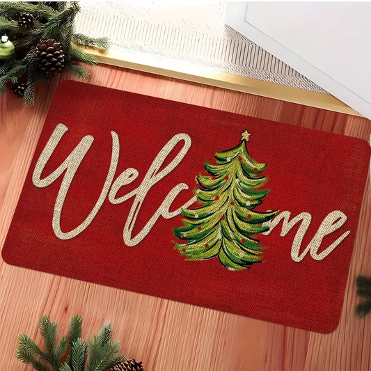 Get into the holiday spirit with our Christmas-themed doormat! Made from red polyester knit fabric, this machine-washable mat is non-slip, stain-resistant, and features medium pile with floral and striped patterns. It is quick-drying, waterproof