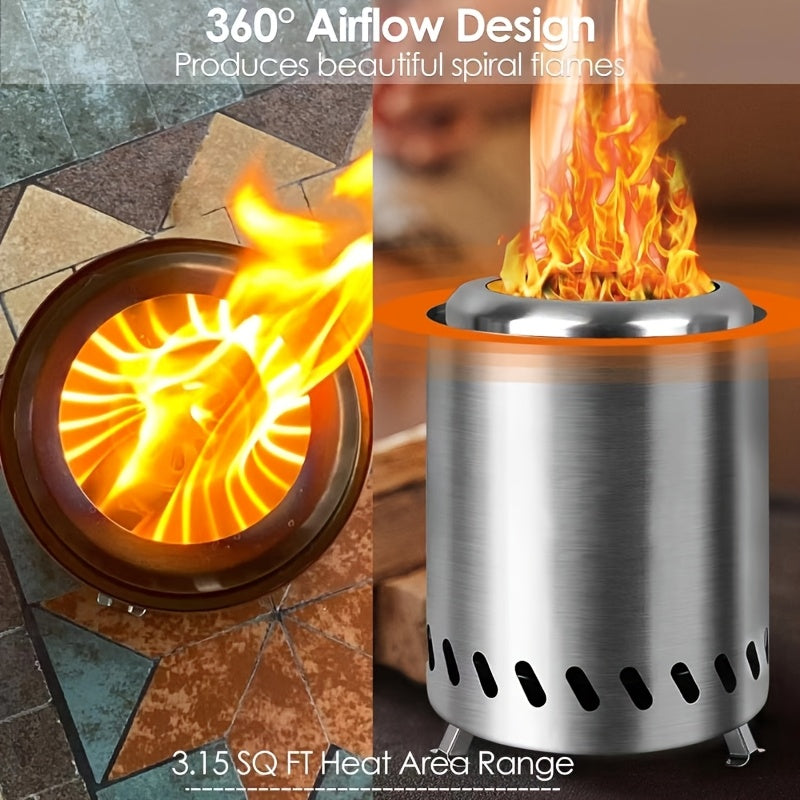 Portable Stainless Steel Fire Pit with Stand, Smokeless Wood Burning Fire Bowl, Ash Tray that is Removable - Ideal for Camping and Backyard Use, 360° Airflow Design for Outdoor Cooking and No Electricity Required