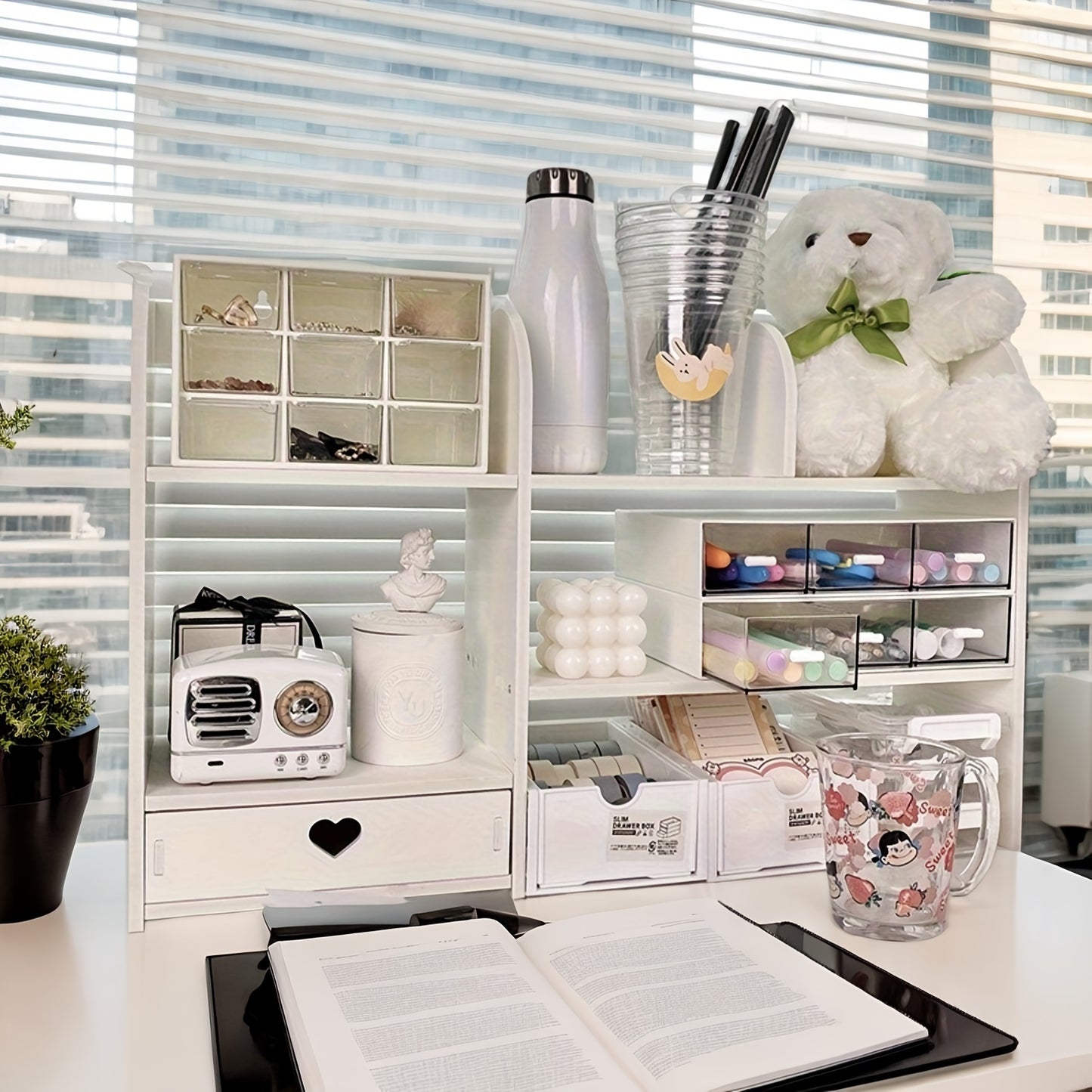 Wooden desk organizer with drawers for storage of books, stationery, and supplies. Ideal for office, school, or bedroom use.