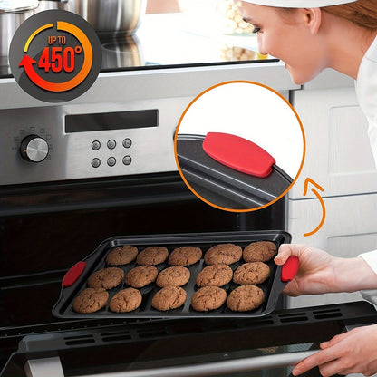 [Bestseller] Set of 3 Carbon Steel Non-Stick Baking Pans with Red Silicone Handles - Professional Grade Oven Trays for Home and Commercial Kitchens