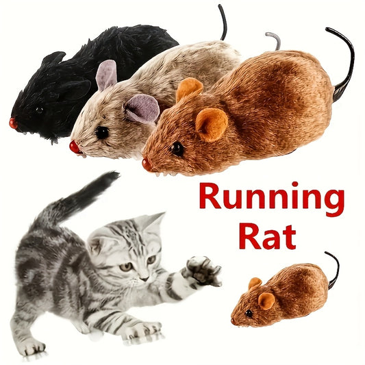 Non-electric, interactive cat toy with wind-up running rat made of durable vinyl material, suitable for kittens, promoting play and exercise without the need for batteries.