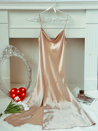 Solid satin nightdress with turtleneck, side split, and backless design for women.