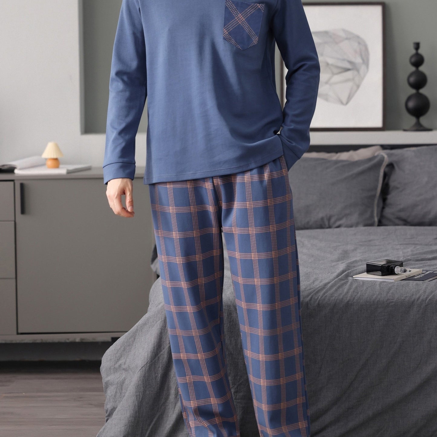 Checkered pajama set with long sleeves, crew neck T-shirt, shorts, and loungewear sleepwear for men.