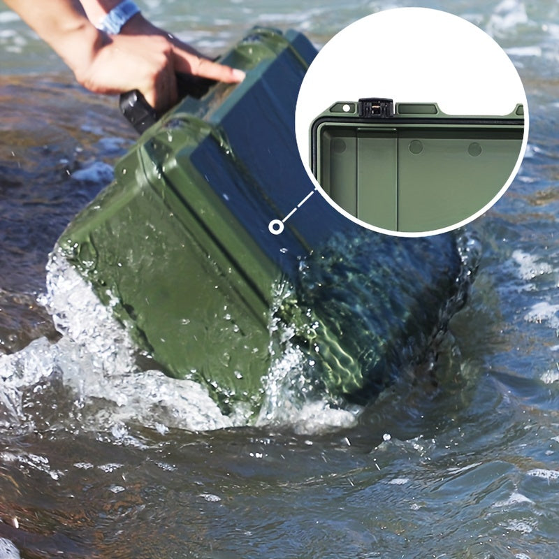 Portable plastic safety protection box for instruments, cameras, and tools. Waterproof and shockproof with sponge padding.