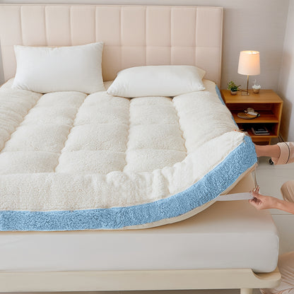 Sherpa fleece mattress topper, plush, hypoallergenic, machine washable, pull-on closure, quilted milk velvet fabric, 3-5cm thickness, provides warmth for autumn and winter.