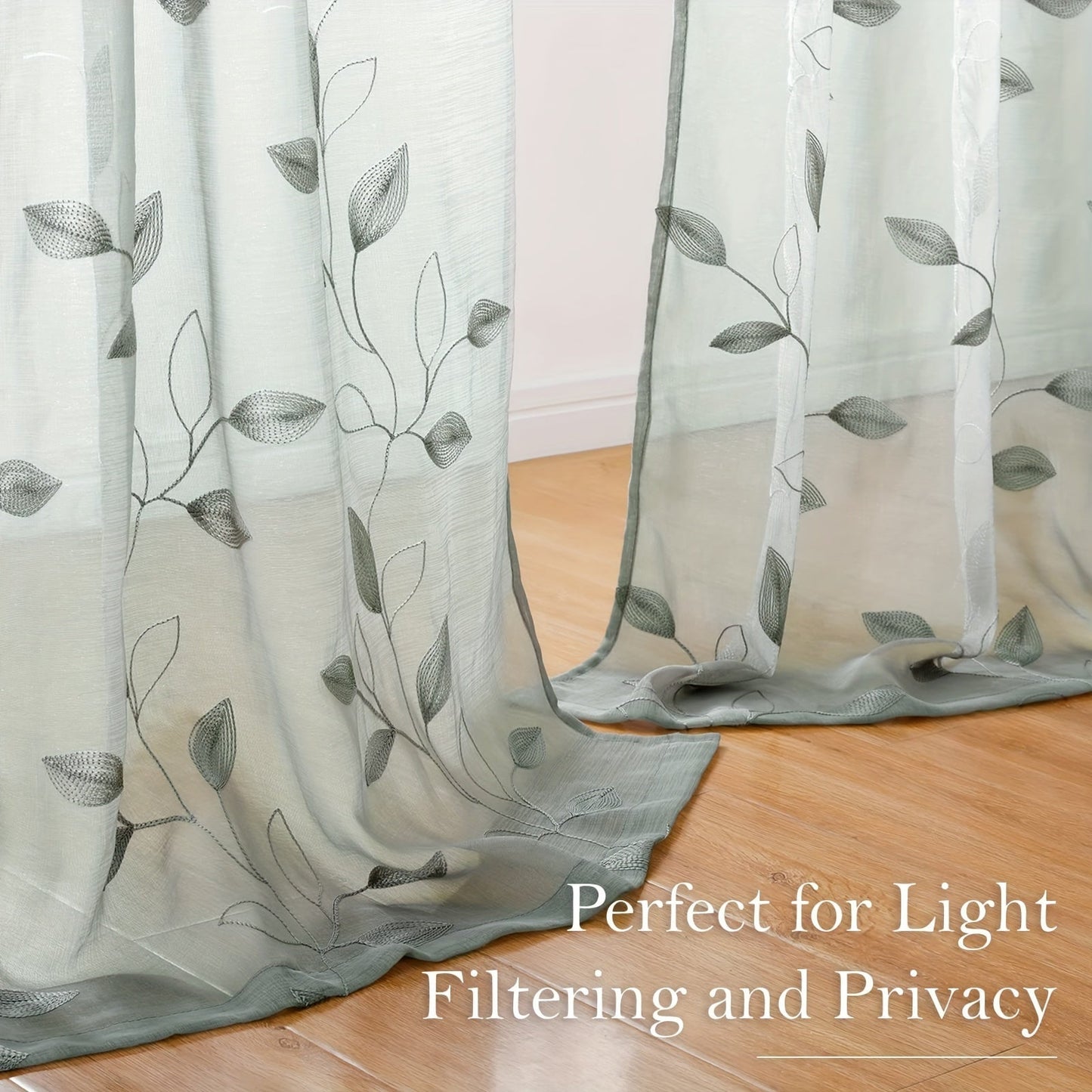 Two pieces of garden-style sheer curtains with an embroidered leaf pattern, featuring a rod pocket design. Made of polyester, these drapes are perfect for bedrooms, living rooms, and kitchens. They are machine washable and suitable for all seasons