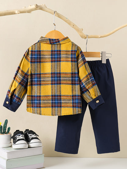 Boys' preppy style plaid outfit set with long sleeve shirt and matching pants for fall/winter.