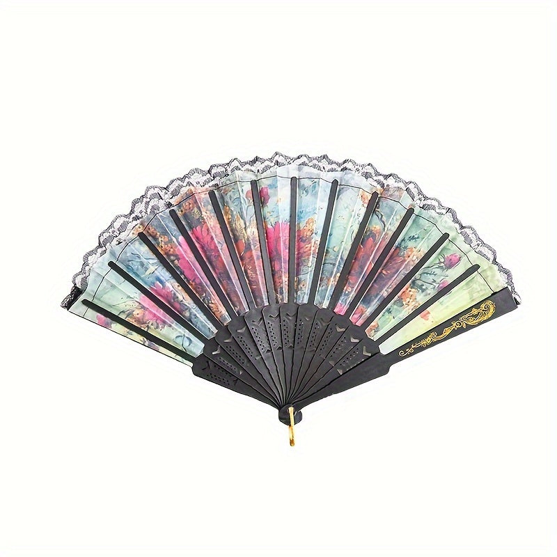 Set of 12 Black Lace-Trimmed Hand Fans, Retro Floral Folding Fans, Chinese-Inspired Folding Fans for Women, Dance Shows, and Photo Shoots