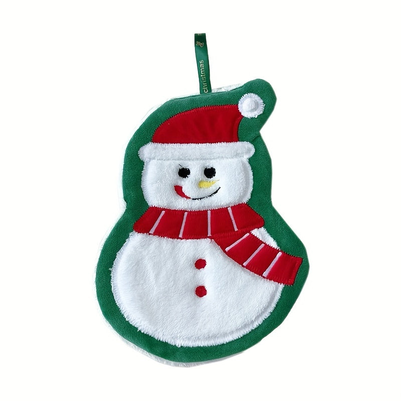 1 Festive Santa Claus hand towel made of thickened coral fleece, quick-dry and absorbent with a hanging loop. Features a cartoon snowman glove design for kitchen or bathroom use. Modern style with high absorbency, perfect for Christmas. Hand wash only