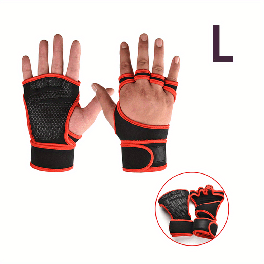 Half finger gym gloves with adjustable wrist support, ideal for pull-ups, barbell lifting and weightlifting. Made of breathable polyester fabric with hook-and-loop fastener closure in