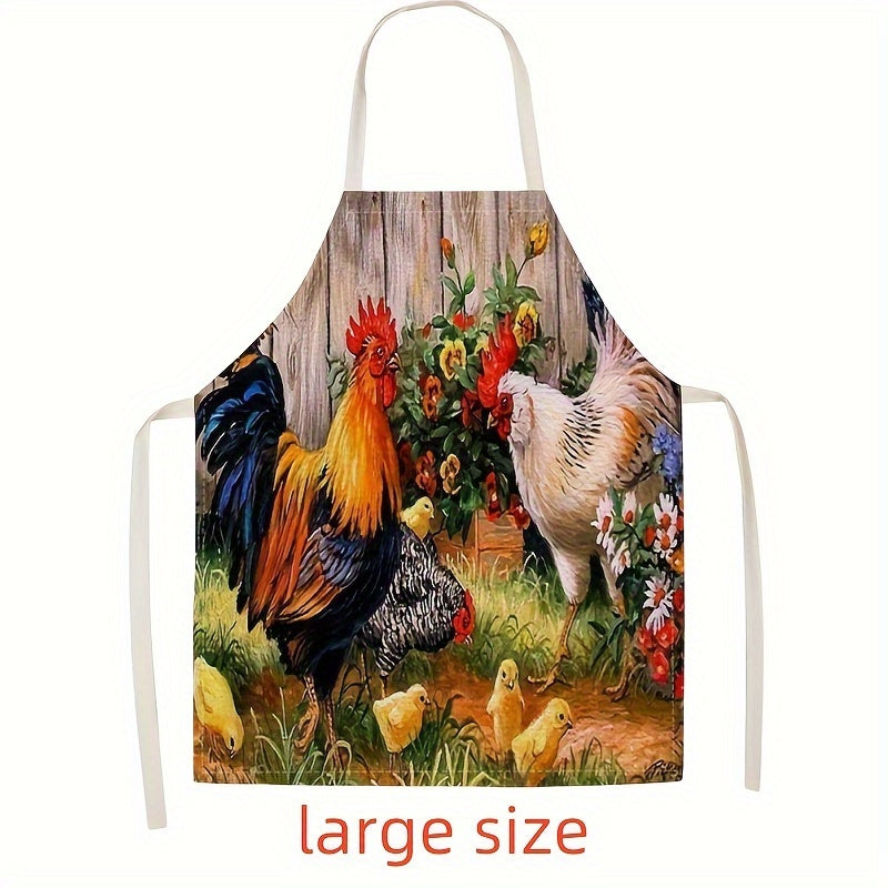 1pc Linen apron with soft rooster print, thickened cute waist design, perfect for fashion housework and kitchen tasks.