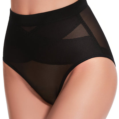 Slimming black high-waist shaping panties with breathable mesh and elastic panels for tummy control.