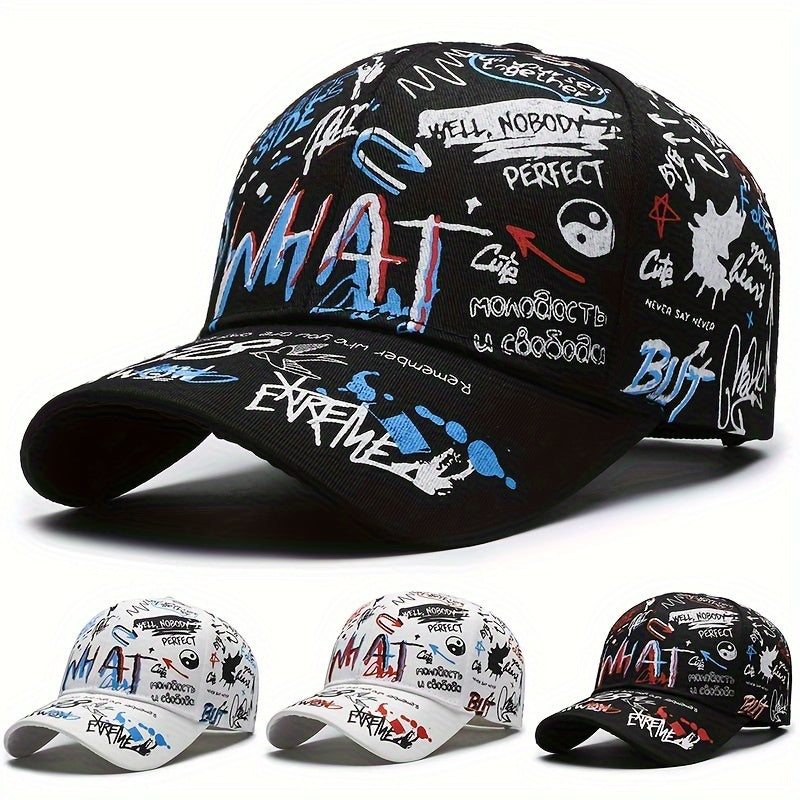 Polyester graffiti print hip-hop baseball cap with PVC coating. Perfect for parties and festivals. Hand washable.