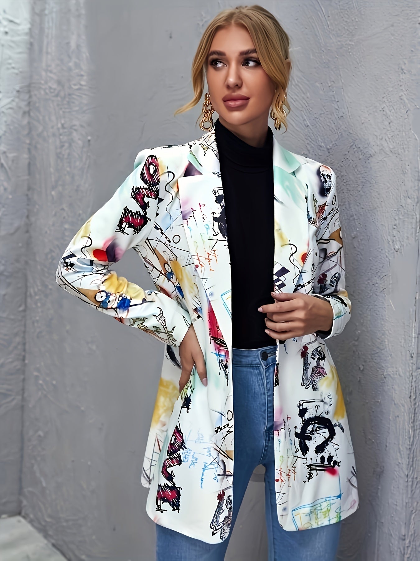 Plus size graffiti print blazer with long sleeves and open front, featuring a vibrant abstract design. Casual and stylish outerwear made from stretch fabric.