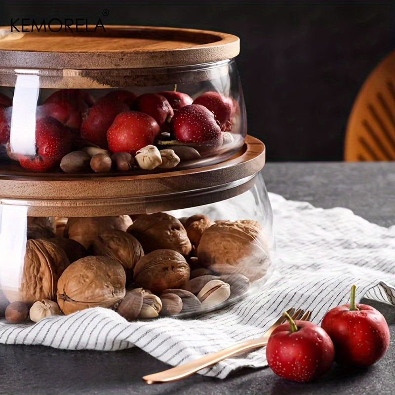 Wooden tray with glass bowl for storing nuts, fruits, cereals, and candy. Double-layered candy jars with wooden lids for kitchen storage.