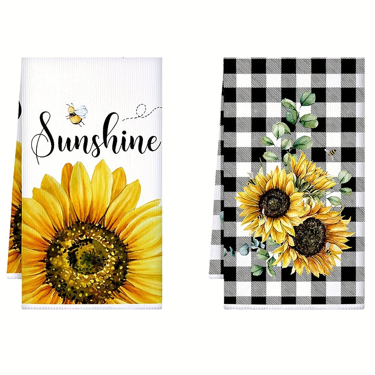 Set of 4 modern sunflower printed dish towels, made of super absorbent soft microfiber for quick-drying and lint-free cleaning in the kitchen. Perfect for seasonal decorative use.