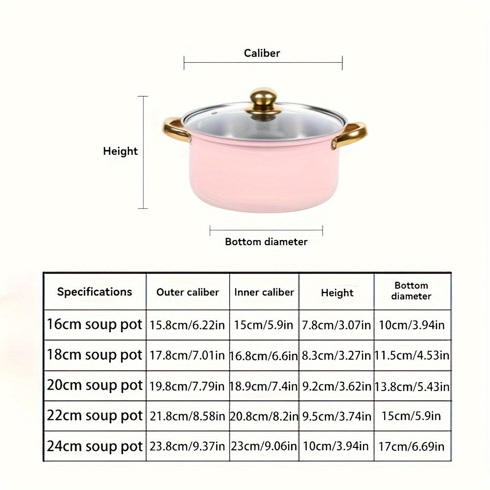 A set of 10 stainless steel soup pots including 5 pots and 5 lids, featuring glass lids and golden handles. These non-stick pots are perfect for a stylish addition to your kitchen and household cookware collection.