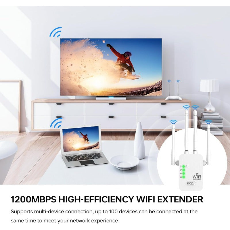 High-speed WiFi extender boosts signal over large area, supports 150 devices, dual-band for stability in home or office.