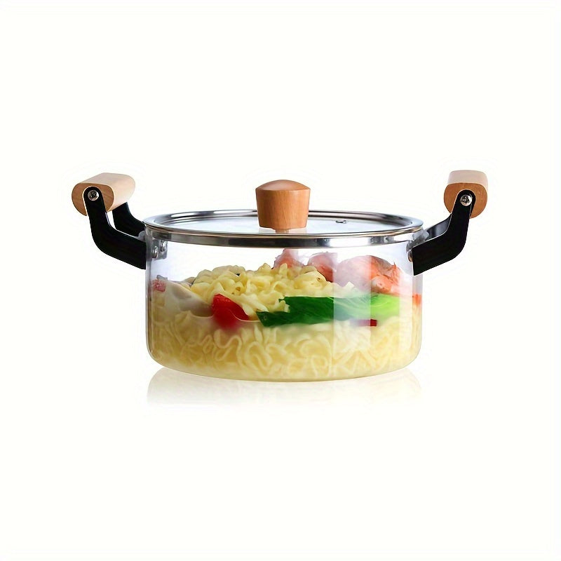 This soup pot with a lid and double wooden handle is perfect for cooking a variety of dishes. Made of safe glass, this household kitchen glass cooker is ideal for making pasta, noodles, soup, juice, and milk. Complete your kitchen supplies with this