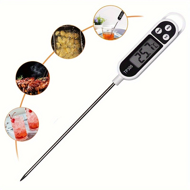 Stainless steel digital food thermometer TP300 with probe, ideal for BBQ, cooking, and baking. Dual display in Celsius & Fahrenheit, battery-operated kitchen tool.