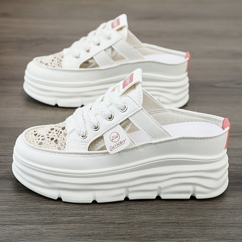 Women's breathable platform mule sneakers with cutout design, lace-up closure, and comfort for summer wear.